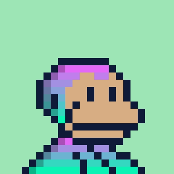 A pixel art illustration of a character with purple hair and a green outfit against a light green background, evoking a retro video game aesthetic that complements the nostalgic "collector arc" theme of vaulting SMB GEN2 NFT assets.