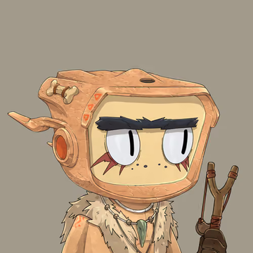 A stylized cartoon character wears an orange, boxy mechanical helmet with circular eyes and antennas, paired with a fur-collared garment.