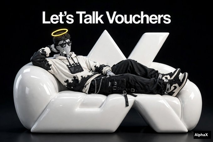 A stylish promotional image with the text 'Let's Talk Vouchers' showing a person in trendy streetwear with a golden halo lounging on a glossy white abstract chair against a black background.
