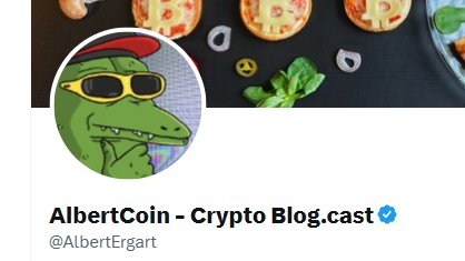 A social media profile for 'AlbertCoin - Crypto Blog.cast' (@AlbertErgart) featuring a cartoon crocodile wearing sunglasses and a red cap, set against a pizza background.