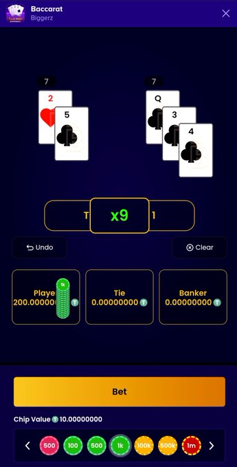 A Baccarat gambling app screenshot titled 'Baccarat' by Biggerz showing a 'Player' win of 200.000000 chips, with dealer cards totaling 7 against player cards totaling 7 (tie).