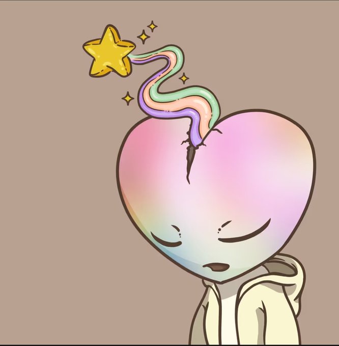 An illustration of a sad, iridescent heart-headed character wearing a cream hoodie, with a rainbow trail and yellow star emerging from a crack at the top of its head against a brown background.