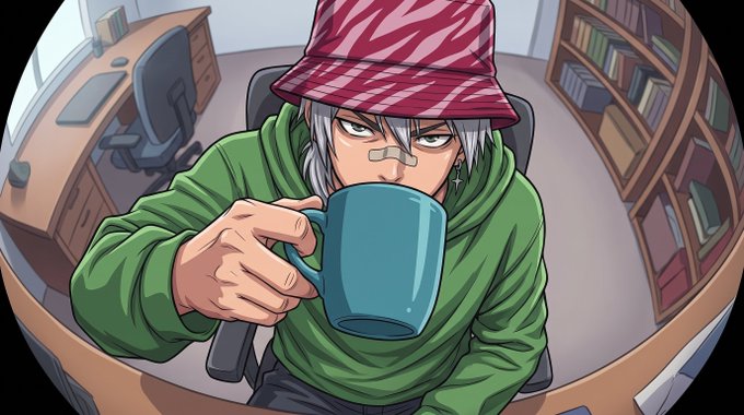 A stylized illustration of an anime character with white hair, a bandaged nose, and a pink zebra-patterned bucket hat, drinking from a teal mug while sitting in a study.