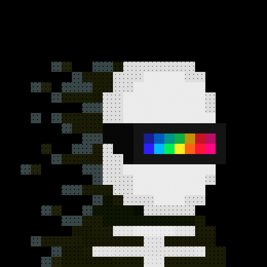 Pixel art of a white skull-like figure wearing black sunglasses with a rainbow/colorful pixel pattern on the lens, appearing to smoke or have smoke billowing around it against a black background.