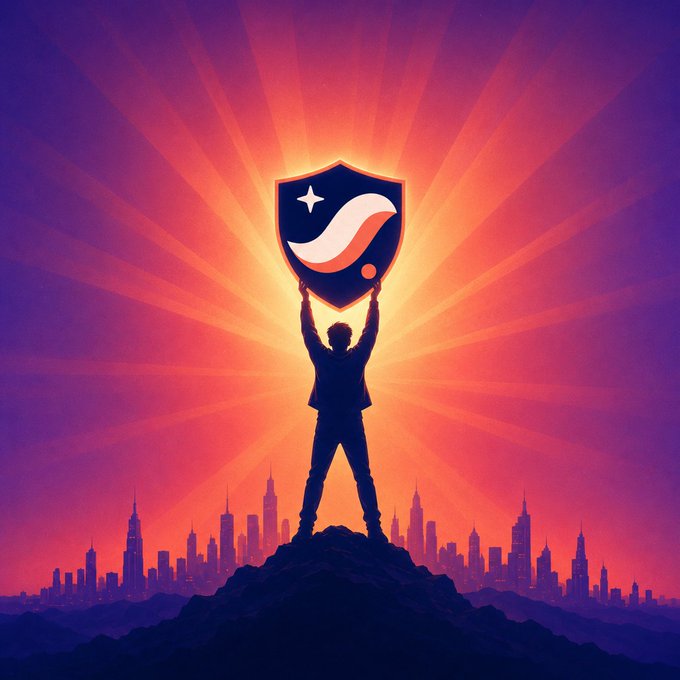 The image features a man standing on top of a hill, holding up a shield with his arms raised high above his head. The background shows an urban cityscape with buildings and a sunset sky. The caption "Shield your assets on Starknet. Take back control of your privacy." is written in the corner of the image.