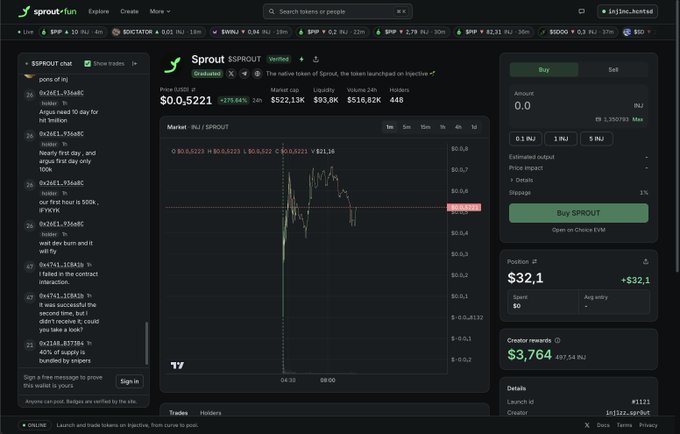 A screenshot of the Sprout.fun platform showing the 'SPROUT' token (SSPROUT) trading page with a price chart, buy/sell interface, and creator rewards information displayed on a dark background.