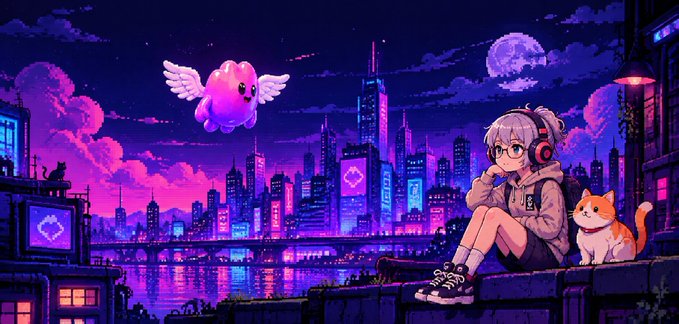 A pixel-art anime girl with headphones sits on a rooftop beside an orange cat under a vibrant purple night sky, with a pink Kirby-like winged creature floating above a neon cityscape. The image's whimsical, game-like aesthetic complements the post's mention of VOICE's "Opinion Layer" and its playful Flappy Voice campaign, evoking the interactive, gamified vibe of the platform.