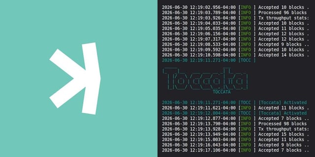 A split image showing a teal panel with a white stylized 'A' logo on the left, and blockchain transaction logs dated '2026-06-30' on the right highlighting 'Toccata' activation.