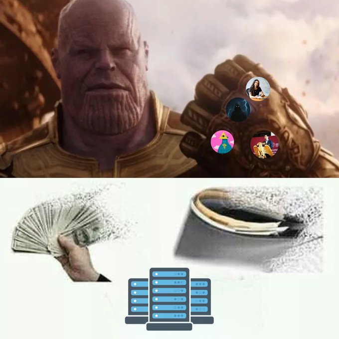 Thanos (Marvel character) showing his Infinity Gauntlet with profile icons overlaid on the gems, paired with illustrations of cash disintegrating into dust and a server rack, symbolizing the power of centralized servers over money.