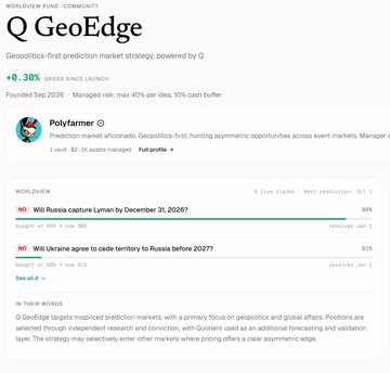 A screenshot of a webpage for 'Q GeoEdge' by Worldview Fund, a geopolitics-first prediction market strategy, showing a +0.30% return and prediction questions like 'Will Russia capture Lyman by December 31, 2026?'.