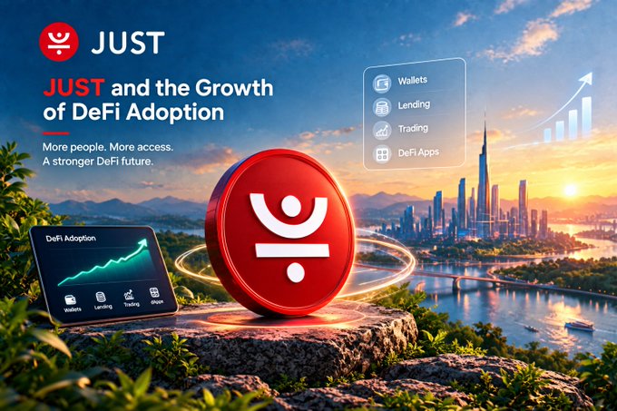 Another promotional graphic for 'JUST' cryptocurrency displaying 'JUST and the Growth of DeFi Adoption' alongside a 3D coin and a digital tablet showing a rising chart, with services like Wallets, Lending, Trading, and DeFi Apps listed against a sunset city skyline.