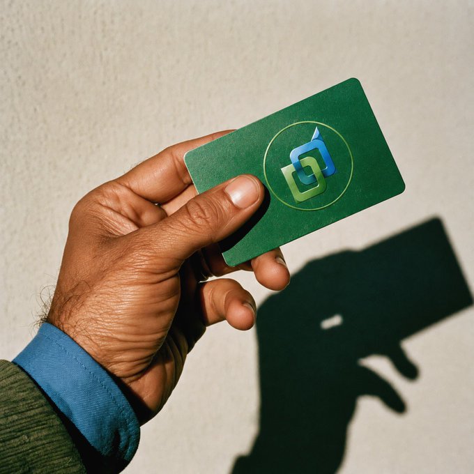 A close-up shows a hand holding a green business card with a stylized interlocking logo, casting a sharp shadow on a light-colored wall.
