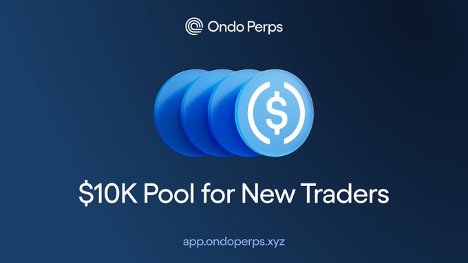 A promotional graphic for Ondo Perps advertising a '$10K Pool for New Traders' at app.ondoperps.xyz.
