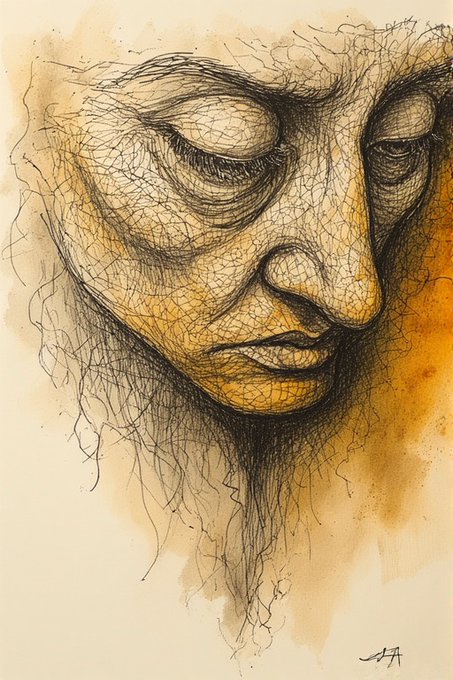 A detailed ink and watercolor sketch of a face with closed eyes, rendered in warm brown and orange tones with intricate cross-hatching.