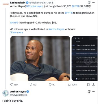 The image shows a screenshot of a twitter post from a user named Arthur Hayes. The post discusses Arthur Hayes' recent transaction with cryptocurrency called Bitcoin (BTC). It states that Arthur Hayes has just bought back $HYPE, which was worth $2.09M, and transferred it to another wallet. Arthur Hayes has also stated that he hasn't bought Bitcoin since. The post contains multiple mentions of the hashtag "#crypto_hayes" within its content.