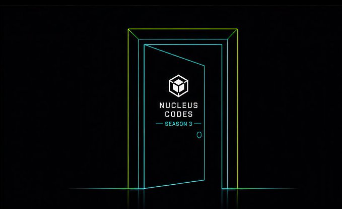 A neon-outlined door graphic on a black background displays the logo "NUCLEUS CODES SEASON 3".