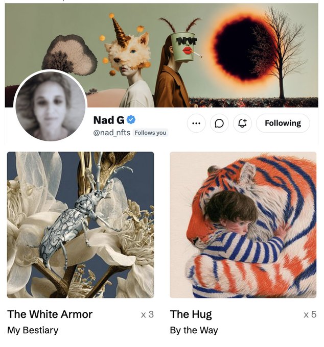 Twitter/X profile page for NFT artist 'Nad G' (@nad_nfts), featuring surrealist digital artworks including a horned fox, masked figure, black sun eclipse, and showcased NFT pieces 'The White Armor' (My Bestiary) and 'The Hug' (By the Way).