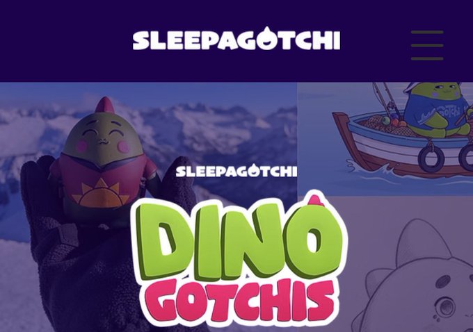 A promotional graphic for "SLEEPAGOTCHI" featuring a green dinosaur character, with bold text reading "DINO GOTCHIS."