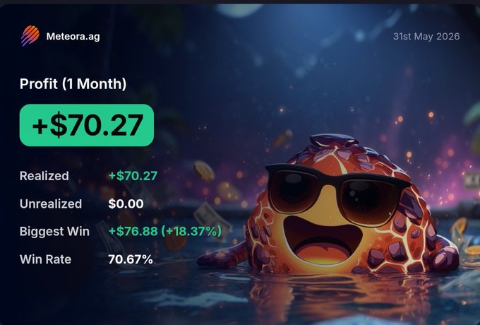 The image features a cartoon character wearing sunglasses and goggles with a smiley face, sitting in water surrounded by coins. The text above the character reads "Profit (1 month) + $70.27 = $77.8". Below the character, there is a list of numbers that includes the words "Largest win", "Win rate", and "Unrealized".