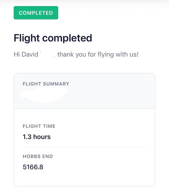 A 'Flight completed' confirmation screen with a green 'COMPLETED' badge, thanking 'David' for flying, showing a flight time of 1.3 hours and Hobbs End of 5166.8.