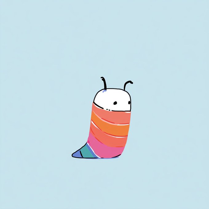A cute cartoon caterpillar with a white face, two antennae, and a striped body in shades of orange, pink, and teal sits against a soft light blue background.