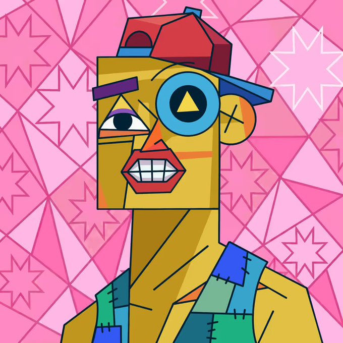 A bold geometric cubism portrait of a stylized character wearing a red cap and a monocle, set against a vibrant pink background with star patterns, exemplifies the vibrant and abstract aesthetic highlighted in the "10k Geometric Cubism art style collection" by @pikkazonft.