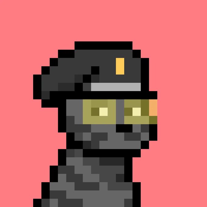 A pixel art illustration of a figure wearing a black helmet with a yellow eye detail, yellow-tinted goggles, and dark armor, set against a solid coral-pink background. The style resembles classic video game sprites.