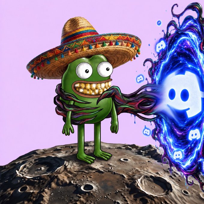 A digital illustration of a green cartoon character with large eyes and gold teeth wearing a sombrero, standing on a lunar surface next to a swirling blue and purple portal featuring a Discord logo.