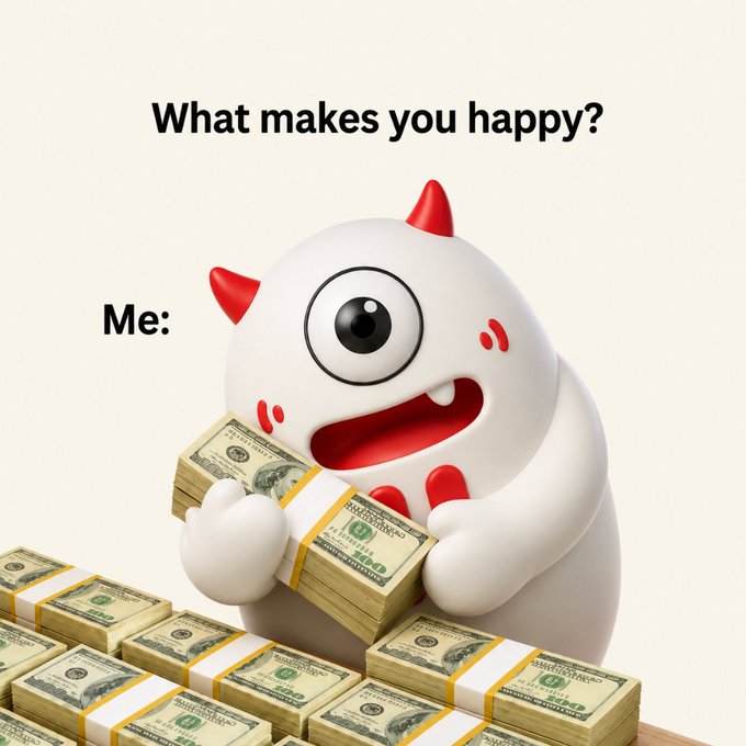 A meme showing a cute red-horned monster labeled 'Me:' joyfully hugging stacks of money, answering the question 'What makes you happy?'