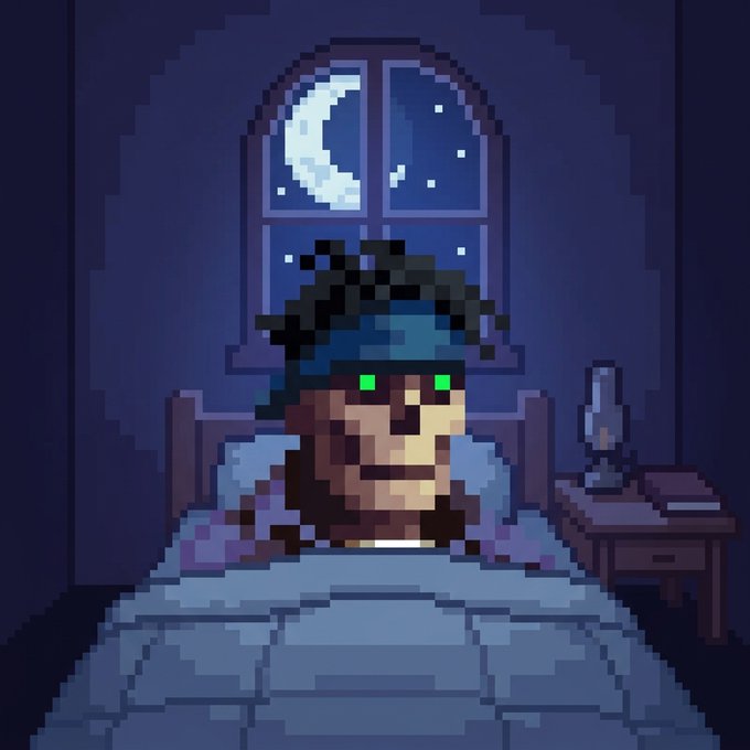 A pixel art image shows a character with glowing green eyes sitting up in bed at night beneath an arched window showing a crescent moon.