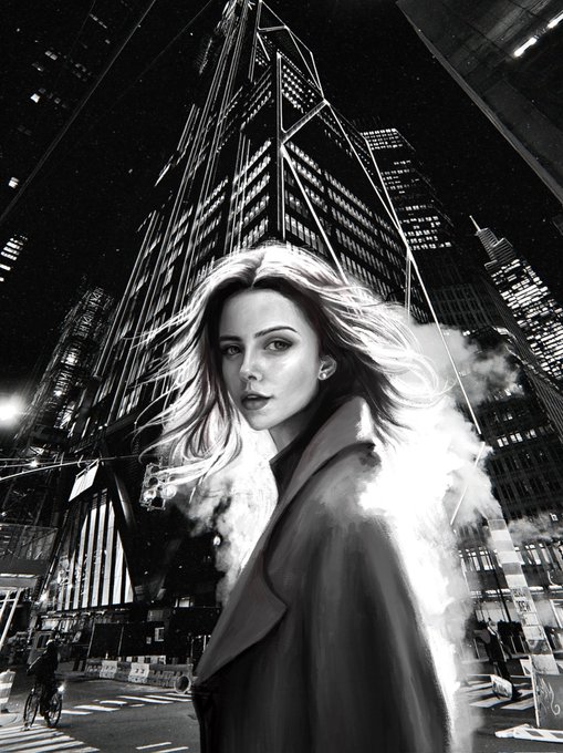 A dramatic black and white digital artwork of a blonde woman in a coat standing on a nighttime city street with towering skyscrapers in the background.