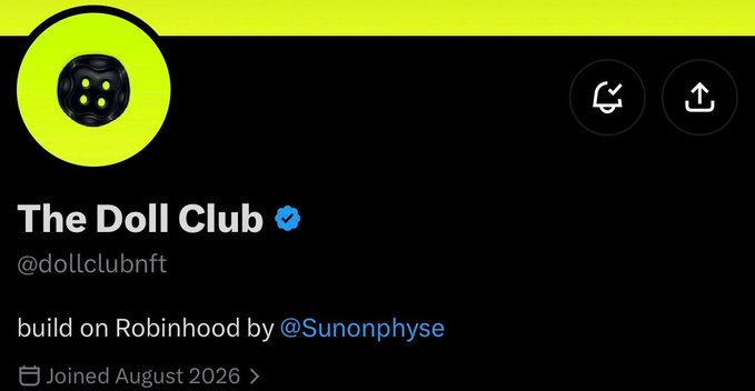 The image shows the profile of "The Doll Club" (@dollclubnft), a verified Robinhood account featuring a lime green circular avatar with a stylized doll face design. The bio confirms it's "build on Robinhood by @Sunonphyse," aligning with the post announcing a free mint and GrindX collaboration with Sunonphyse.