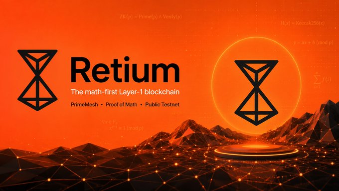 An orange advertisement for 'Retium', described as 'The math-first Layer-1 blockchain' with PrimeMesh, Proof of Math, and Public Testnet features, featuring an hourglass-like logo.