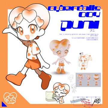A character design sheet showing a cartoon-style character with white and orange hair, featuring multiple poses and views labeled 'cybernetic boy pup'.