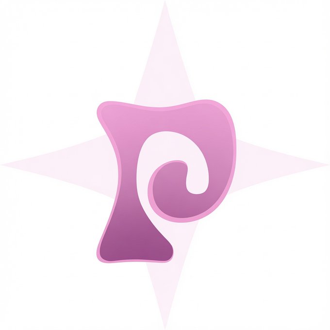 A stylized pink and purple letter "P" logo centered on a pale pink four-pointed star background.