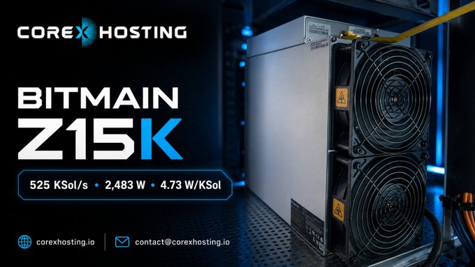 A promotional graphic for the Bitmain Antminer Z15K crypto mining rig, displaying key specs of 450 Watts and a 0.85 W/K hashrate efficiency, with contact info for CorexHosting. The image directly relates to the post by showcasing the specific mining hardware being discussed, highlighting its attractive low wattage and hashrate efficiency metrics that the user is weighing.