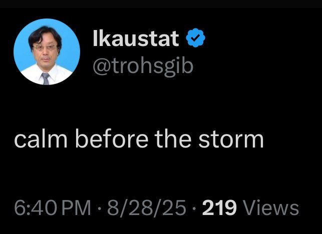 A screenshot of an X (formerly Twitter) post from verified user "Ikaustat" (@trohsgib) showing a profile picture of a man in a suit, with the caption "calm before the storm" posted at 6:40 PM on 8/28/25, garnering 219 views — aligning with the accompanying post referencing XRP ahead of a potential market event on 8/28.