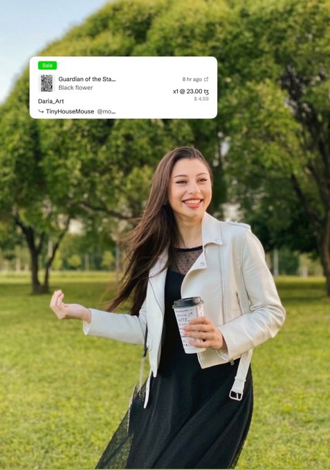 A smiling young woman in a white jacket holds a coffee cup in a sunny park, overlaid with a sale notification from Daria_Art to TinyHouseMouse showing "Guardian of the Sta... Black flower" sold for x1 @ 23.00 tz (≈$4.50), celebrating the successful #TezosTuesday NFT sale on the Tezos blockchain.