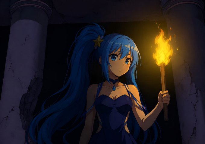 An anime-style illustration of a blue-haired girl in a dark blue dress holding a lit torch in a shadowy stone room.