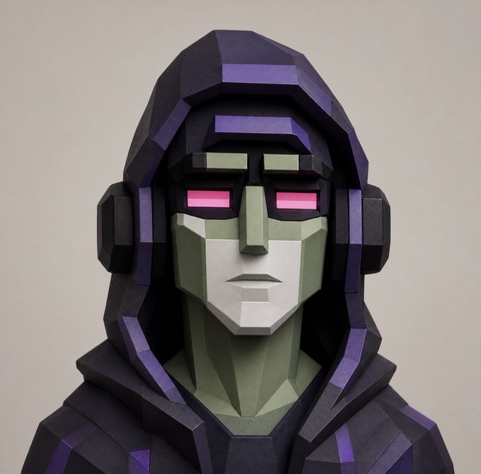 The image features a 3D rendering of a person wearing a hooded jacket, headphones, and goggles with pink eyes. The person appears to be a robot or cyborg, as indicated by their futuristic appearance. The background of the image is white, which contrasts with the colorful elements in the foreground. There are no texts present in the image.