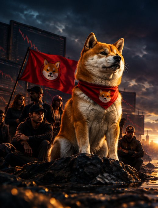 An AI-generated image depicting a Shiba Inu dog wearing a red bandana with its face on it, sitting majestically on a rock with people gathered behind it holding a red flag also bearing the dog's face, set against a dramatic sky with charts in the background.