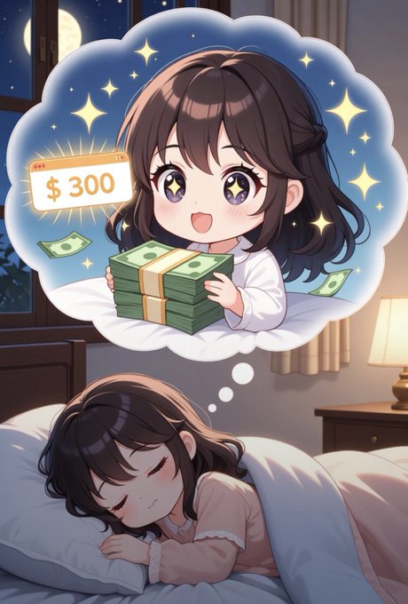 An anime-style illustration of a girl sleeping peacefully in bed while dreaming inside a thought bubble, where she is shown happily holding a stack of cash with a '$300' tag surrounded by sparkles.