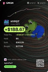 GMGN mobile screenshot displaying a HYPE token position with PNL of +$188.67 (+104.88%), total PNL of +$185.67, $0 held, sold at $363.29, and bought at $177.08.