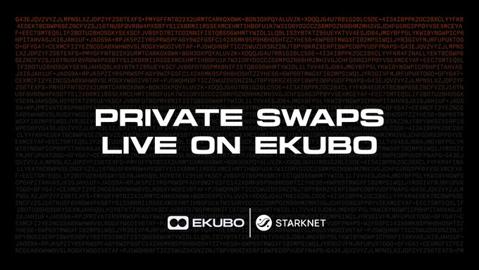 A promotional graphic with red text 'PRIVATE SWAPS LIVE ON EKUBO' over a dark background of red code, featuring the EKUBO and STARKNET logos.