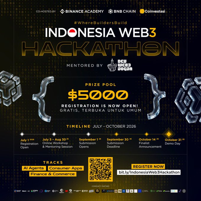 Promotional poster for the Indonesia Web3 Hackathon, co-hosted by Binance Academy, BNB Chain, and Coinvestasi, featuring a $5000 prize pool and a timeline from July to October 2026 covering registration, mentoring, submission, finalist announcement, and demo day across tracks like AI Agents and Finance & Commerce.