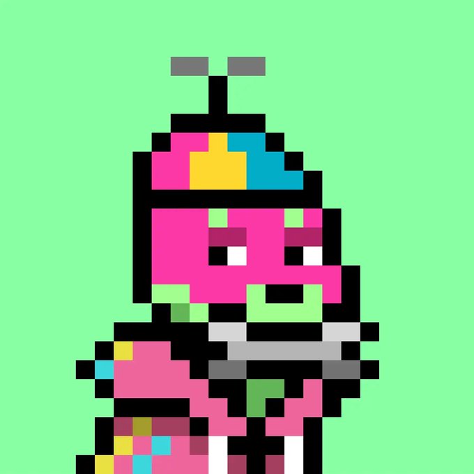 Pixel art of a pink and yellow character wearing a helmet and skateboard-like gear on a green background.
