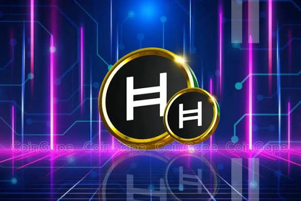 A digital graphic showing two golden cryptocurrency coins with the HBAR logo on a blue and purple neon background, watermarked with 'CoinGape'.