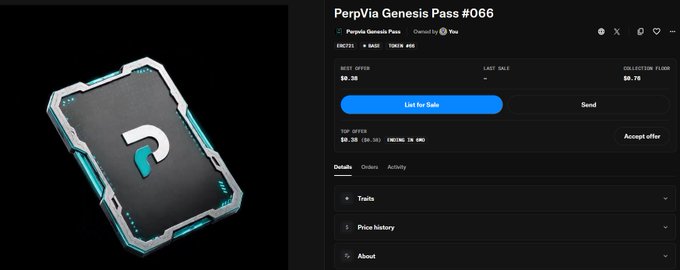 A webpage screenshot showing a 'PerpVia Genesis Pass #066' NFT listing with details, owned by 'You', showing a BEST OFFER of $0.38, LAST SALE of '--', and COLLECTION FLOOR of $0.78, alongside an image of a futuristic cyan and black card.