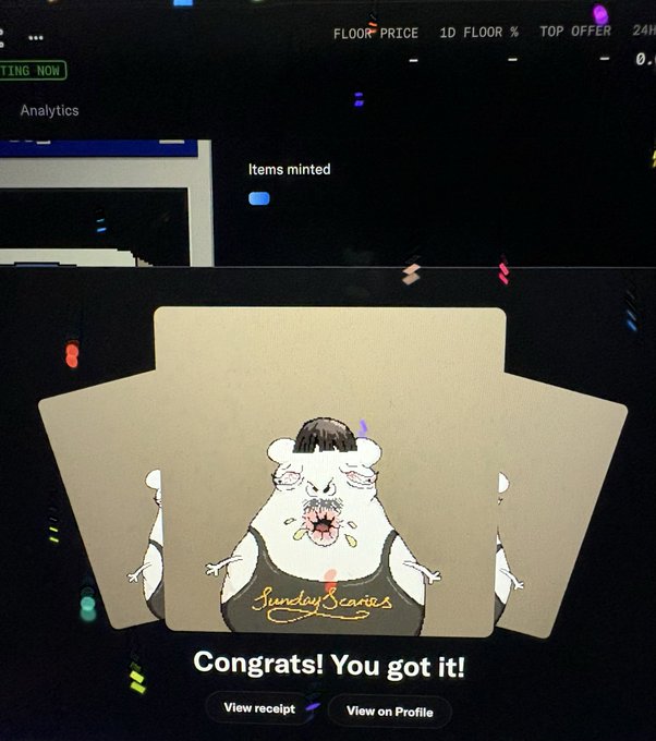 A screen showing a successful NFT mint with a cartoon hamster-like character wearing sunglasses and a cap, captioned 'Congrats! You got it!' with options to 'View receipt' or 'View on Profile', and text reading 'Sunday Scaries'.