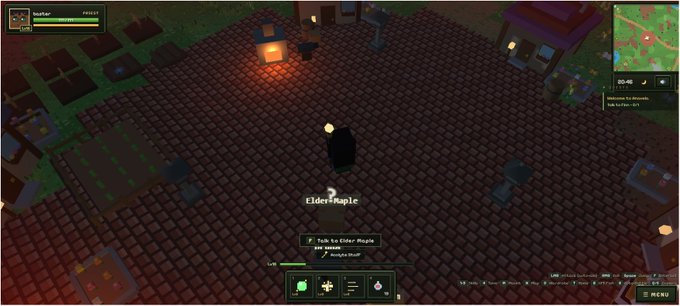 A player character stands on the "Elder Maple" tile in "Glimmerleaf Forest" within the game Semesta, where the on-screen interface shows options to "Chop" or "Analyze Itself." This visual supports the post's claim that Semesta integrates multiple gameplay systems like crafting and resource collection into a unified, playable world built on RialoHQ.